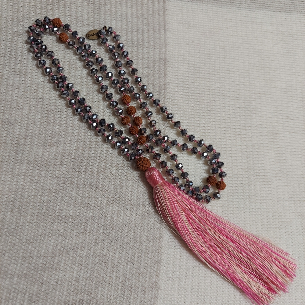 Zacasha Boho Faceted Silver Hemitite, Crystal & Chocolate Lava Rock Tassel Neckl